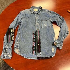 ADL Handmade Distressed & Adorned Denim Button Down Shirt sz L EUC